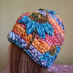 Crochet cone flower beanie medium soft acrylic yarn new colorful